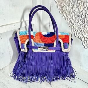 Larettamia Suede Embellished Sequins Fringe Satchel Handbag Purple